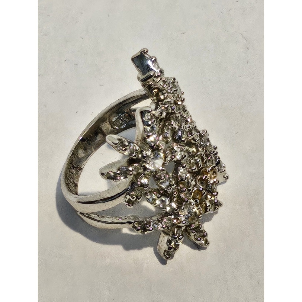 Vintage 925 Sterling Silver Cubic Zirconia Cluster Floral Statement Ring Size 7 - Picture 6 of 10
